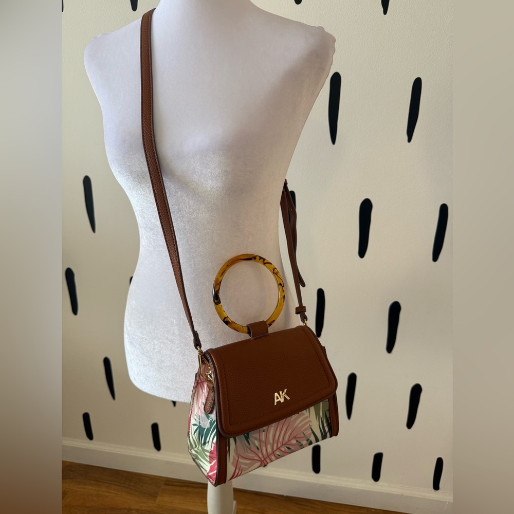 Anne Klein Brown Leather & Tropical Print Crossbody Bag
